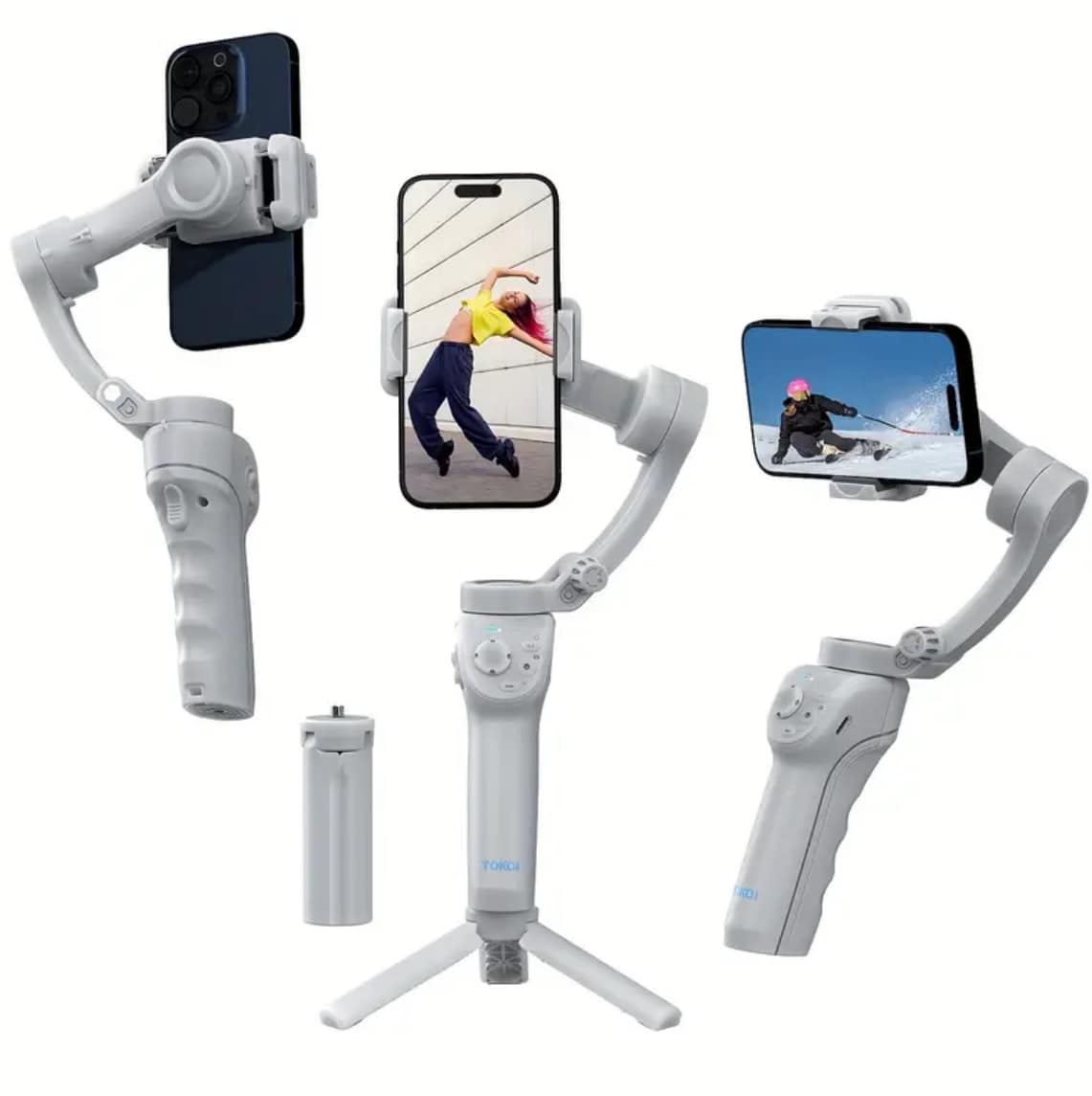 Smartphone stabilizer with multiple smartphone attachments on a white background
