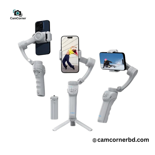 Multi-device phone holder with three smartphone displays on a white background, featuring 'CamCorner' branding.