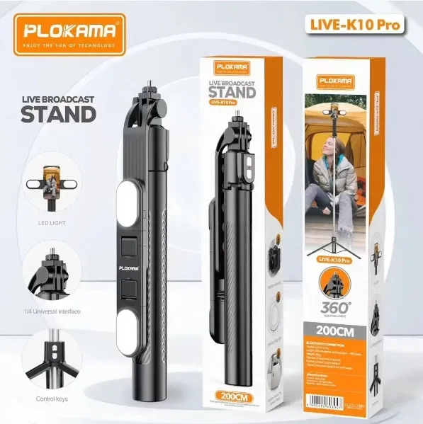 Plokama LIVE-K9 Pro Long Selfie Stick with Tripod Stand & Ring Light