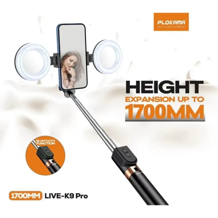 Plokama LIVE-K9 Pro Long Selfie Stick with Tripod Stand & Ring Light