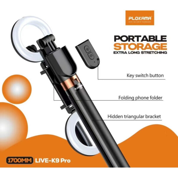 Plokama LIVE-K9 Pro Long Selfie Stick with Tripod Stand & Ring Light