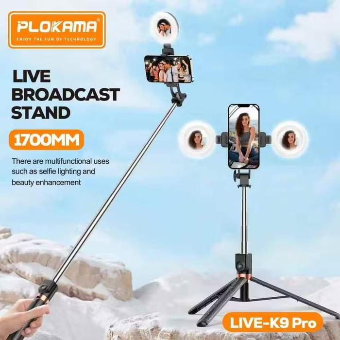 Plokama LIVE-K9 Pro Long Selfie Stick with Tripod Stand & Ring Light